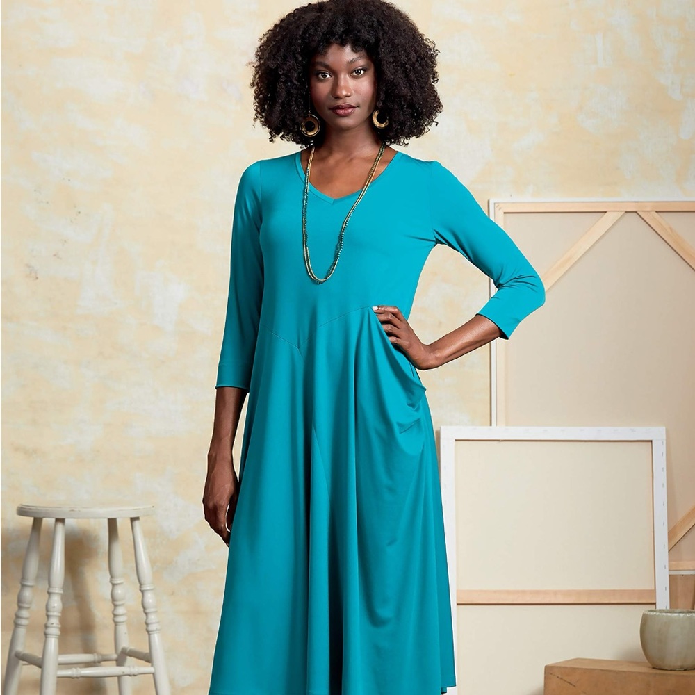 Sympli Teal Matte Jersey Drape Pocket Dress - Size 10 3/4 Sleeve